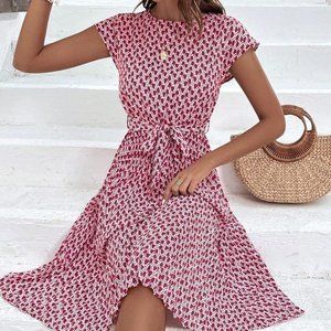 Red Womens Allover Print Batwing Sleeve Belted Dress